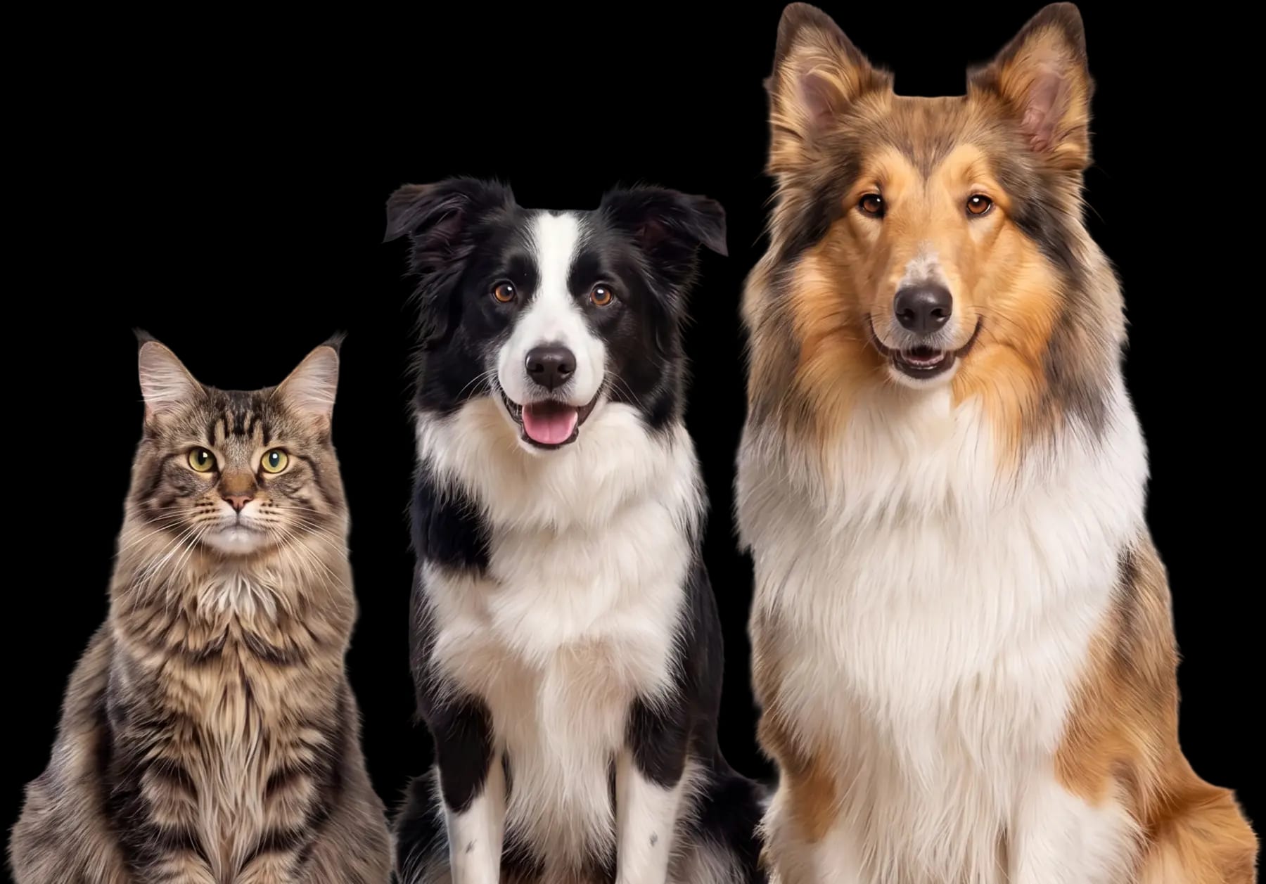 Eine Katze und zwei Hunde sitzen nebeneinander und schauen in die Kamera
