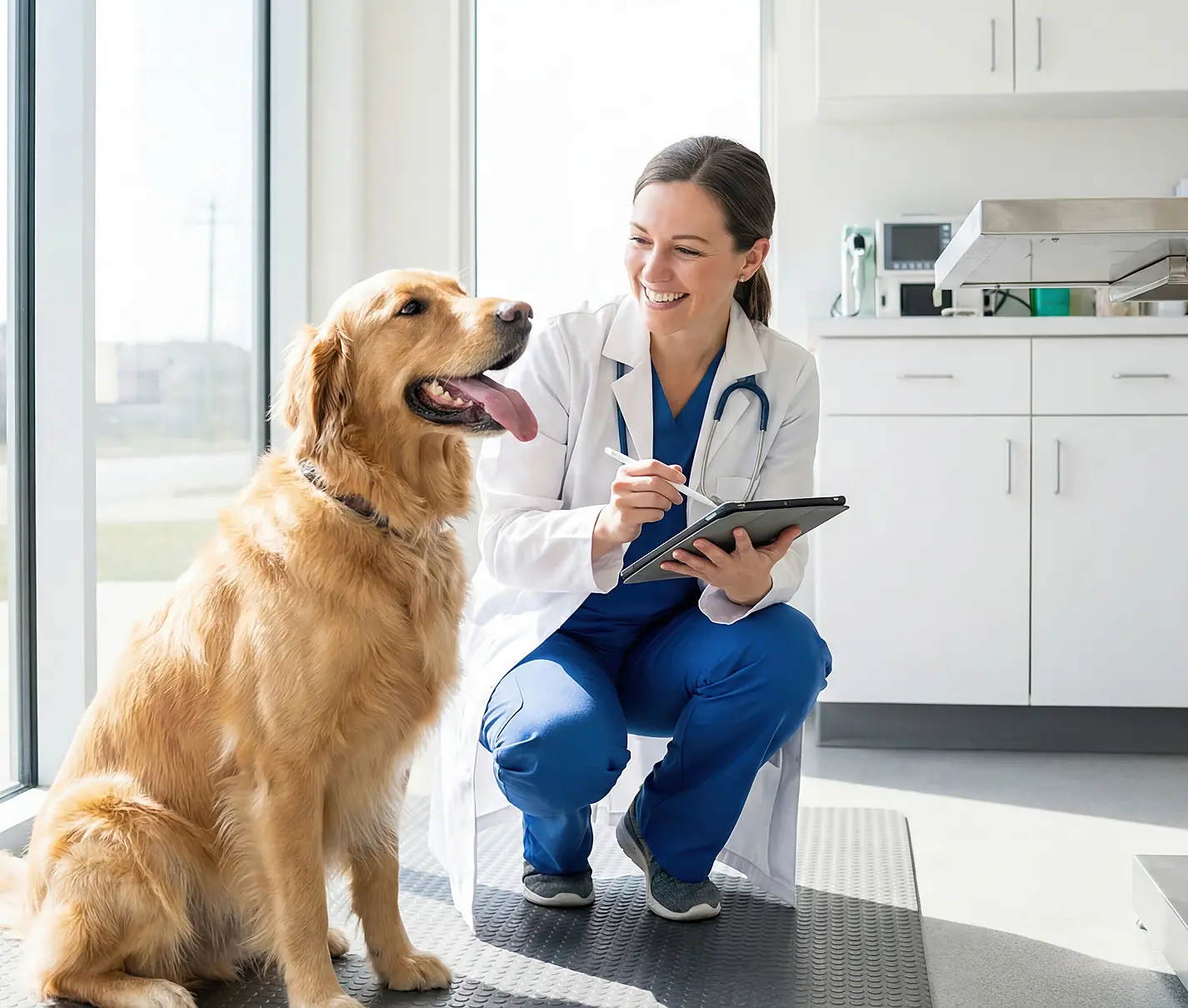 Tierärztin mit Tablet kniet lächelnd neben einem Golden Retriever im Behandlungsraum