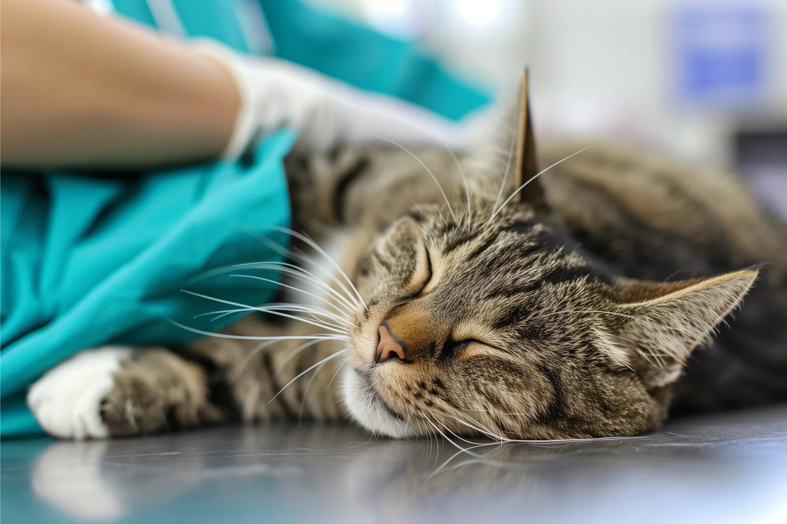 Schlafende Katze auf dem Behandlungstisch, behutsam von einer Hand gehalten
