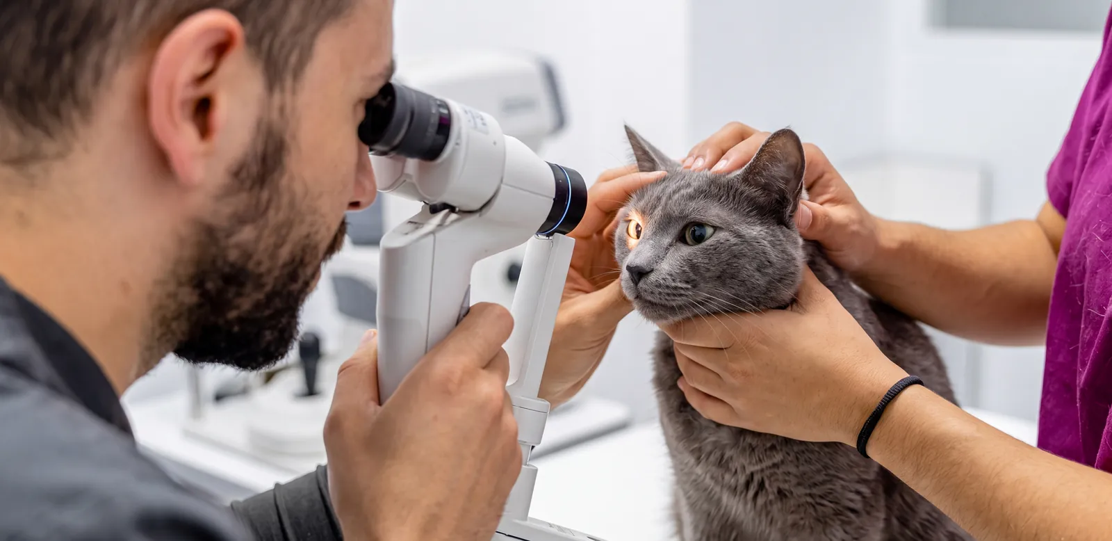 Tierarzt untersucht das Auge einer Katze mit dem Spaltlampenmikroskop