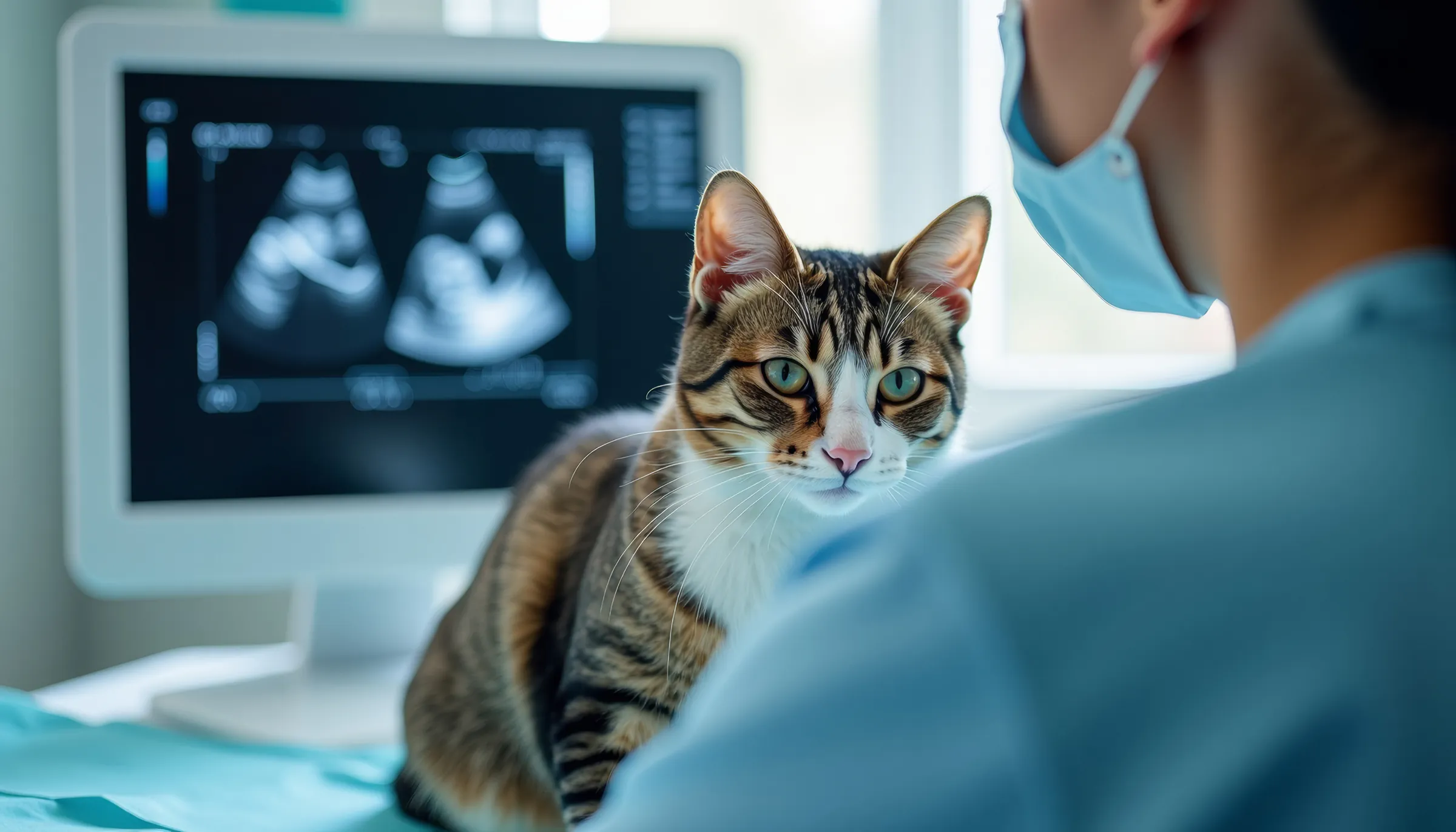 Katze auf dem Untersuchungstisch, im Hintergrund der Ultraschallmonitor